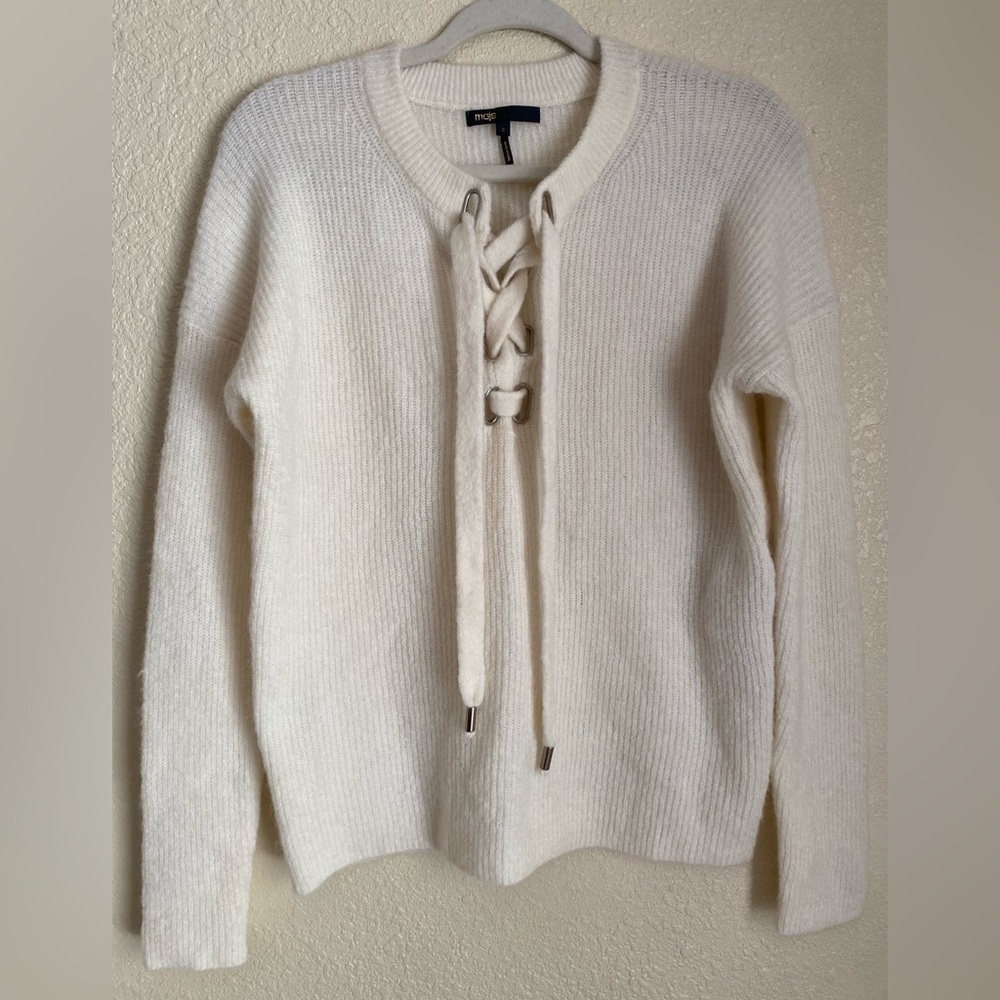 Anthropologie Maje Manou Ivory Wool Blend Lace Up Sweater